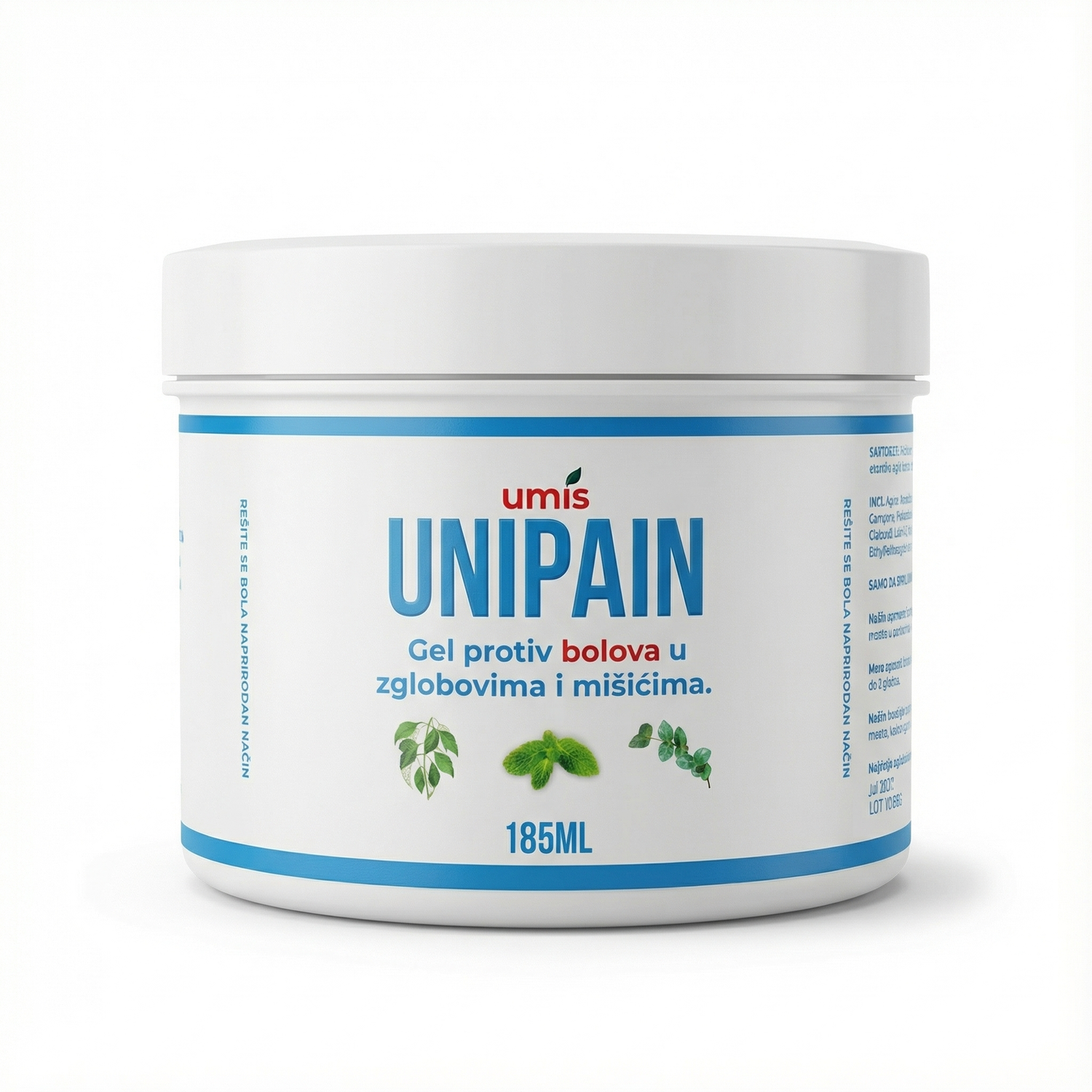 UNIPAIN gel protiv bolova u zglobovima i mišićima u beloj plastičnoj tegli od 185 ml, sa plavim i crvenim natpisima i ilustracijama biljnih sastojaka poput mente i eukaliptusa, namenjen za prirodno ublažavanje bola.”

Bela plastična kutija sa poklopcem sadrži gel protiv bolova pod nazivom 'UNIPAIN,' poznat po tome što ublažava bolove u zglobovima i mišićima zahvaljujući prirodnim sastojcima. Na etiketi su plavi natpisi koji ističu osnovne karakteristike proizvoda, kao i slike biljaka koje su deo formul
