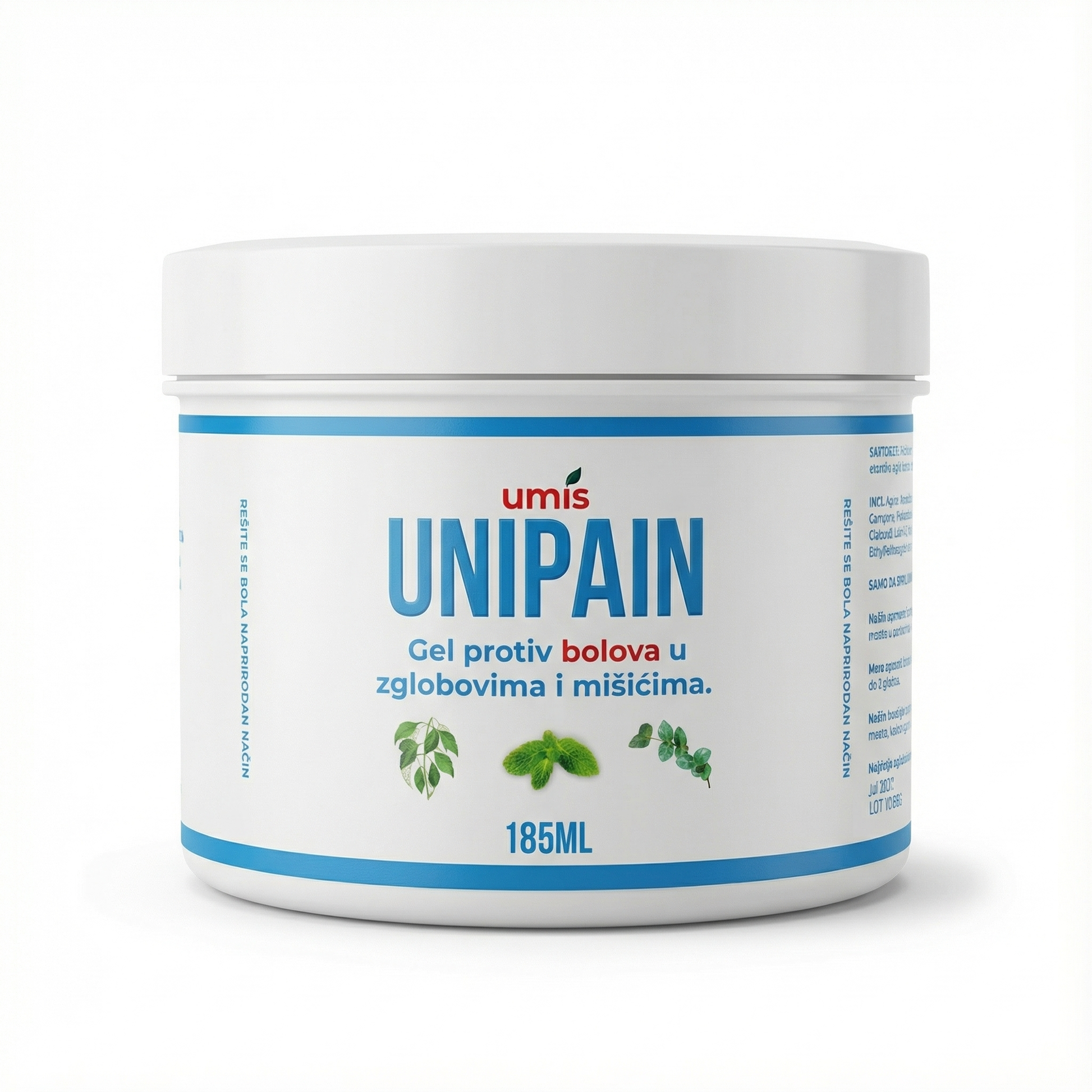 UNIPAIN gel protiv bolova u zglobovima i mišićima u beloj plastičnoj tegli od 185 ml, sa plavim i crvenim natpisima i ilustracijama biljnih sastojaka poput mente i eukaliptusa, namenjen za prirodno ublažavanje bola.”

Bela plastična kutija sa poklopcem sadrži gel protiv bolova pod nazivom 'UNIPAIN,' poznat po tome što ublažava bolove u zglobovima i mišićima zahvaljujući prirodnim sastojcima. Na etiketi su plavi natpisi koji ističu osnovne karakteristike proizvoda, kao i slike biljaka koje su deo formul