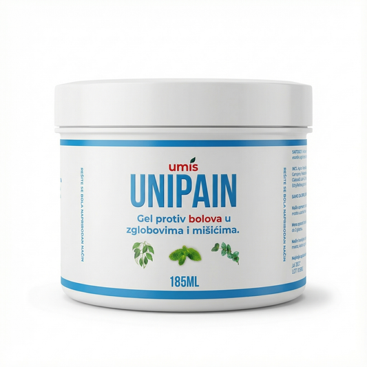 UNIPAIN gel protiv bolova u zglobovima i mišićima u beloj plastičnoj tegli od 185 ml, sa plavim i crvenim natpisima i ilustracijama biljnih sastojaka poput mente i eukaliptusa, namenjen za prirodno ublažavanje bola.”

Bela plastična kutija sa poklopcem sadrži gel protiv bolova pod nazivom 'UNIPAIN,' poznat po tome što ublažava bolove u zglobovima i mišićima zahvaljujući prirodnim sastojcima. Na etiketi su plavi natpisi koji ističu osnovne karakteristike proizvoda, kao i slike biljaka koje su deo formul