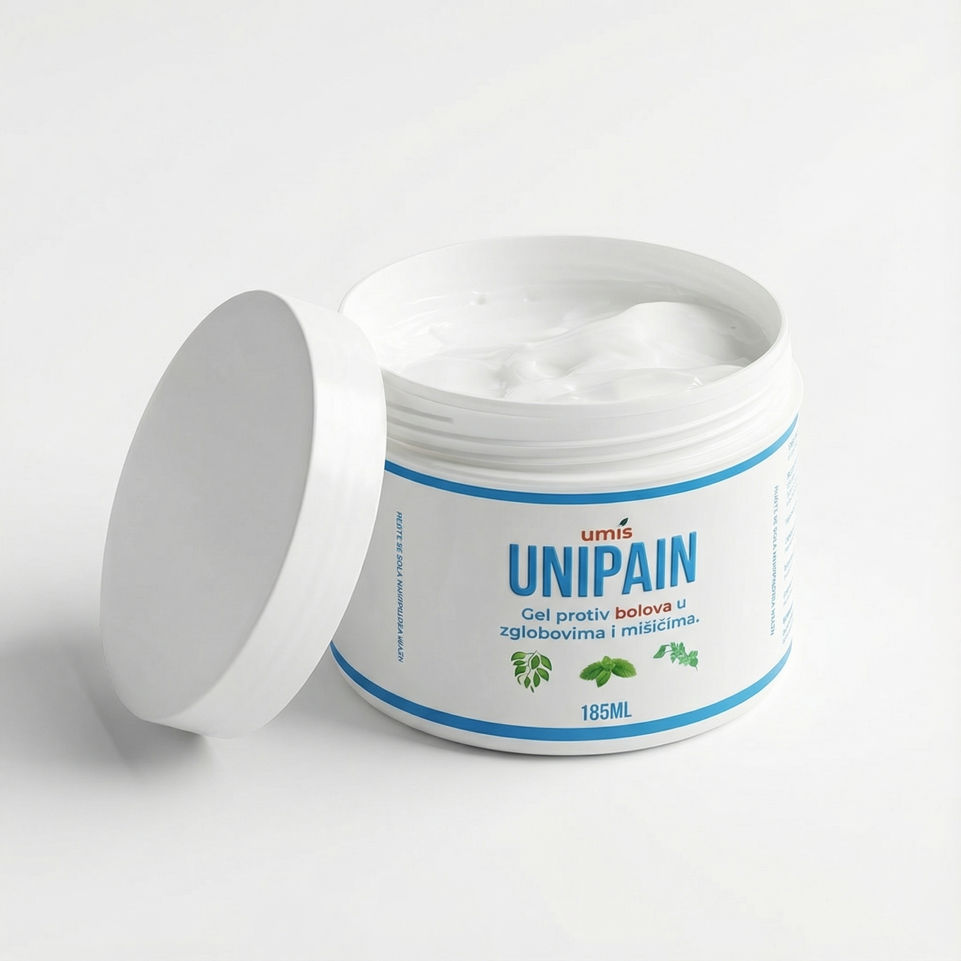 Sadržaj kreme beli gel protiv bolova pod nazivom 'UNIPAIN.' Ovaj gel je poznat po tome što ublažava bolove u zglobovima i mišićima, a zbog svojih prirodnih sastojaka nalazi se među najboljim izborima na tržištu. Na etiketi su plavi natpisi koji ističu osnovne karakteristike proizvoda, kao i slike biljaka koje su deo formulacije gela. Ovaj proizvod je prepoznat kao najbolji gel protiv bolova, a njegova formula nudi efikasnost za one koji traže najjači lek protiv bolova.