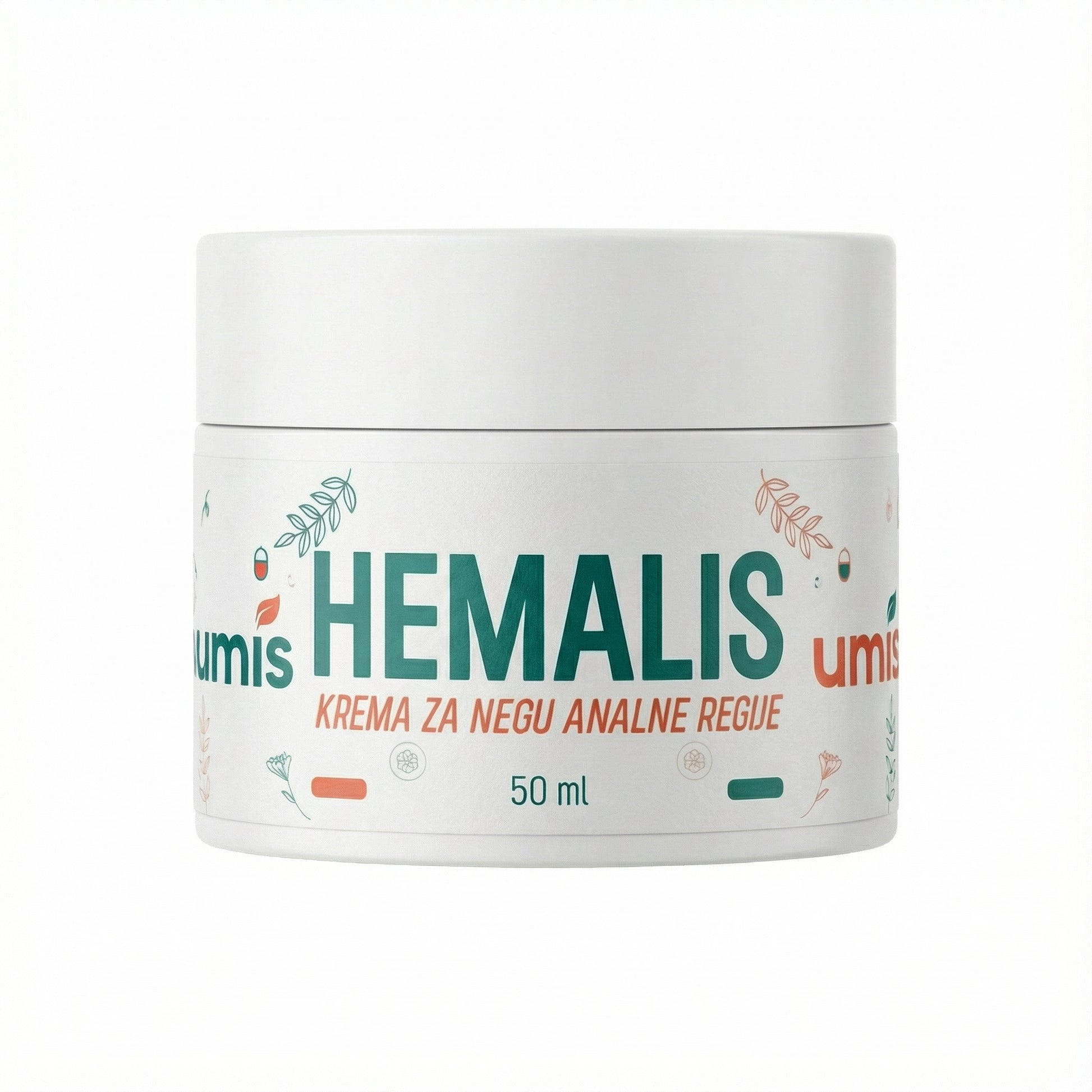 Hemalis krema za negu analne regije u beloj ambalaži od 50 ml, prirodni biljni preparat za ublažavanje hemoroida i iritacija, minimalistički dizajn sa zeleno-narandžastim detaljima.